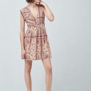 Mango Paisley V-Neck Mini Dress in Pink and Cream